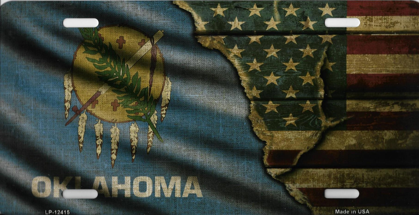 Oklahoma And American Flag Metal License Plate