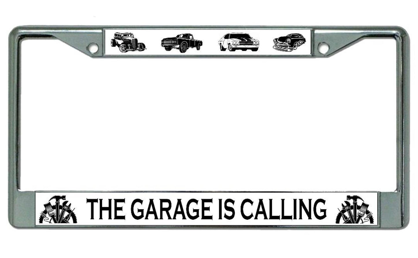 The Garage Is Calling Chrome License Plate Frame