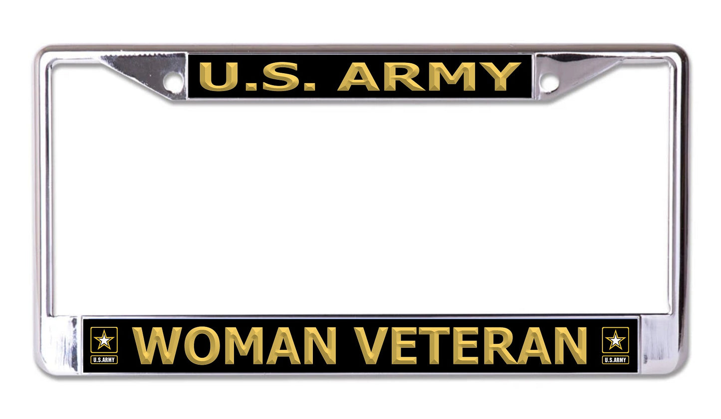 U.S. Army Woman Veteran Black Background Chrome License Frame