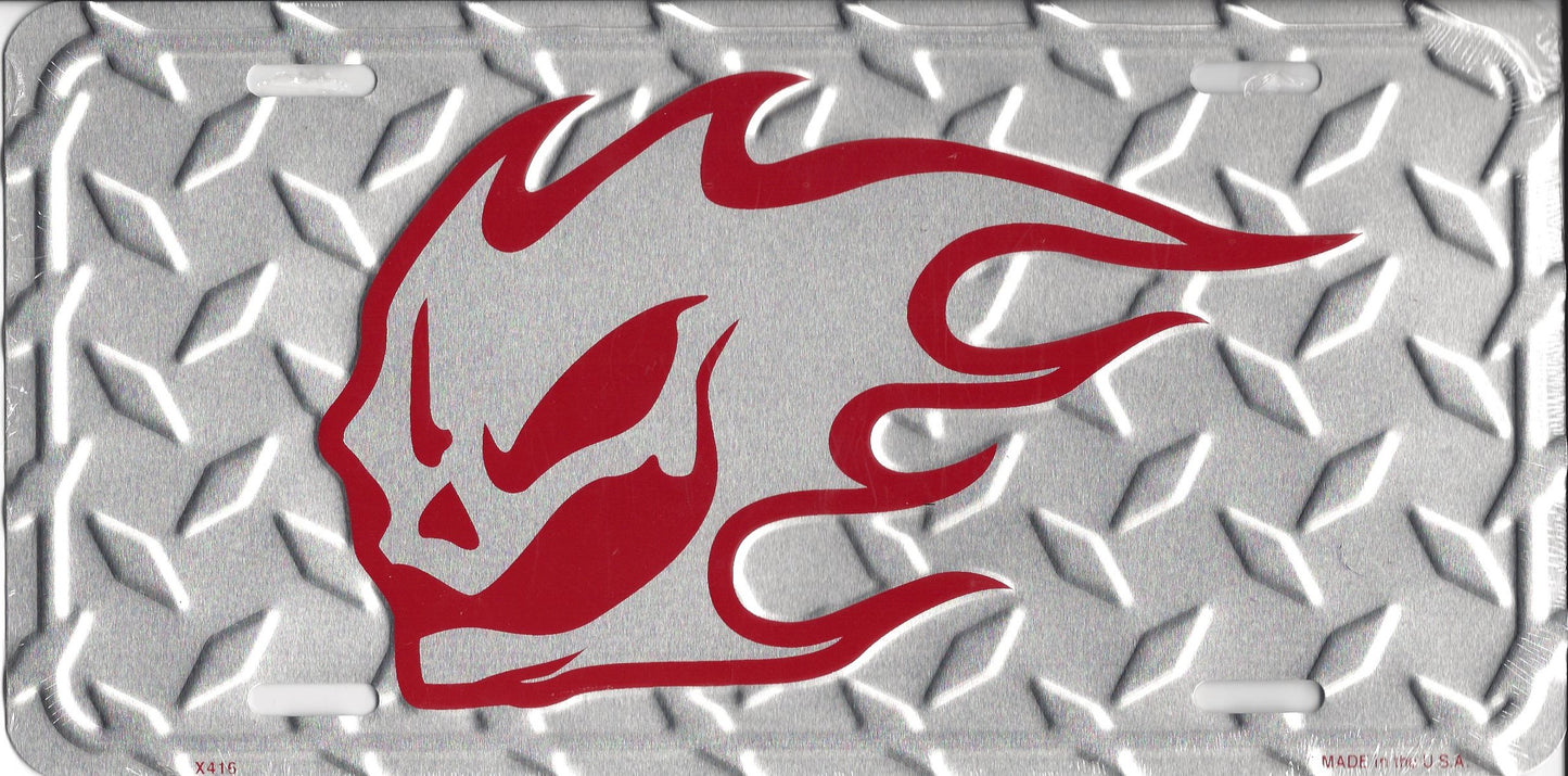 Flaming Phantom Skull Diamond Plate License Plate