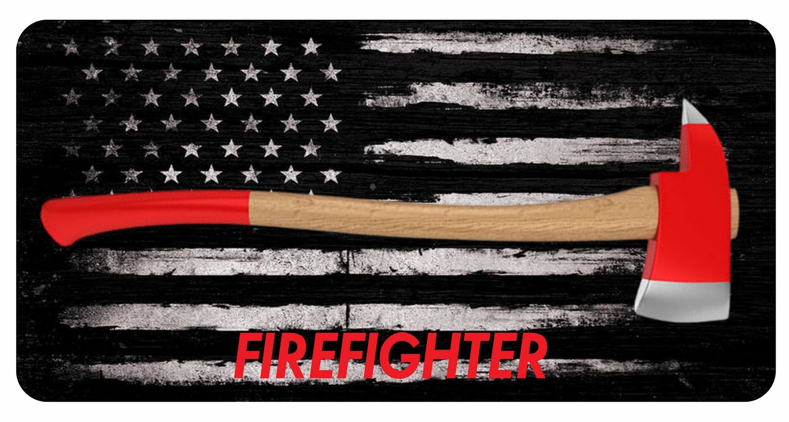 Firefighter Axe With Text On U.S.A. Flag Photo LICENSE PLATE