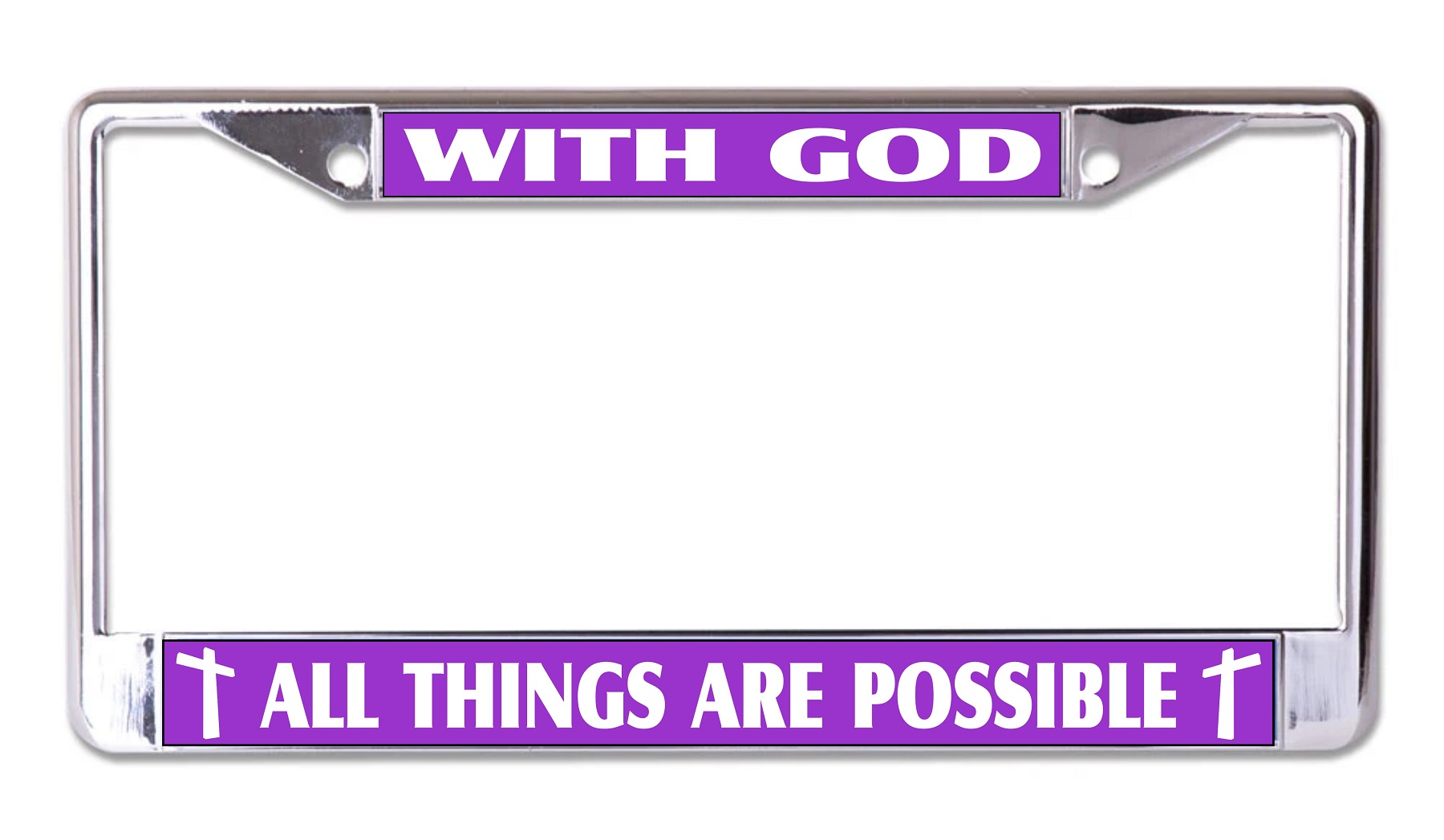 With God All Things Are Possible on Purple Chrome License Plate FRAME