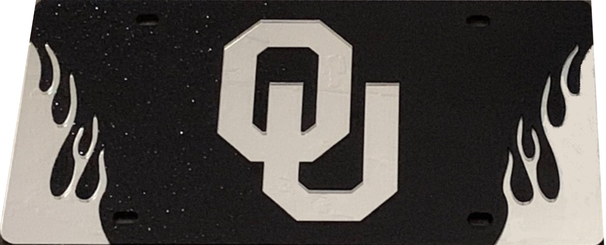 Oklahoma Sooners Black Glitter With Flames Laser License Plate