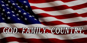 God. Family. Country. On United States Flag Photo License Plate