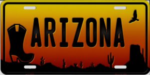 Arizona Sunset With Boot Silhouette Metal License Plate