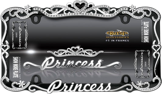 Princess Black And Chrome Crystal Bling License Plate Frame