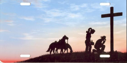 Cowboy & Cowgirl Praying at the Cross License Plate