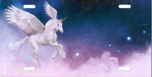 Offset Unicorn in Clouds License Plate