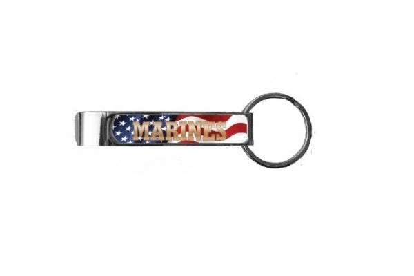 Marines On Wavy American Flag Beverage Tool Opener With Key Ring