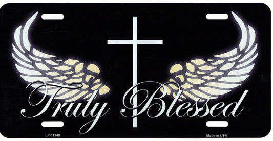 Truly Blessed With Cross And Wings Metal License Plate