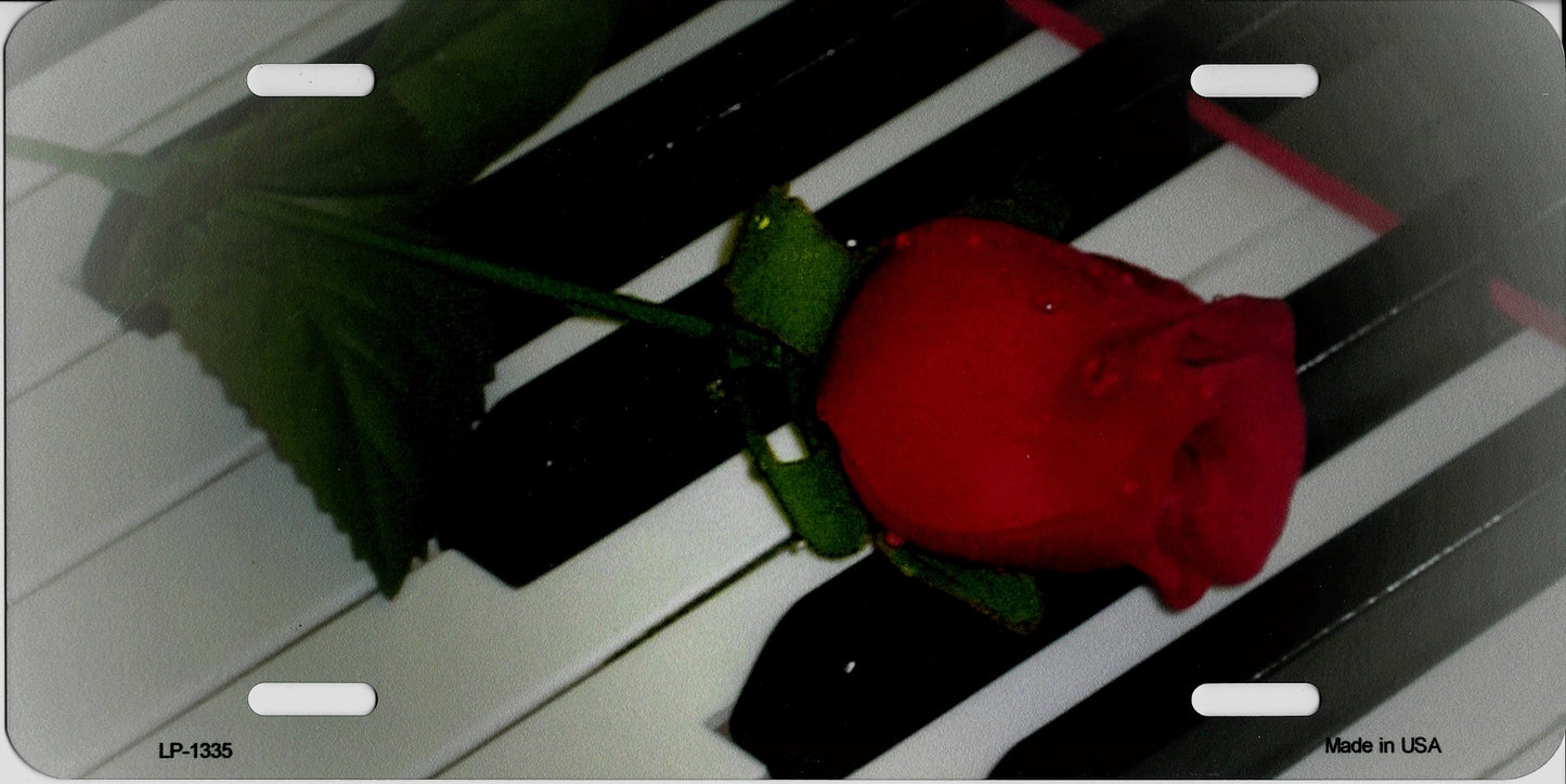 Red Rose On Piano Keys Metal License Plate