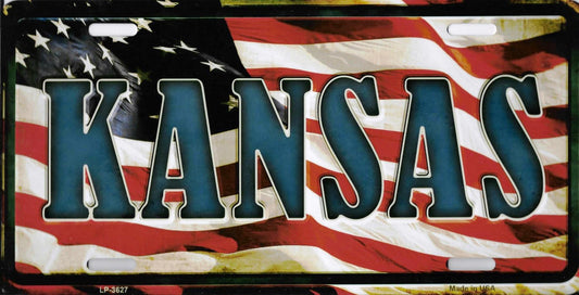 Kansas On American Flag Metal License Plate