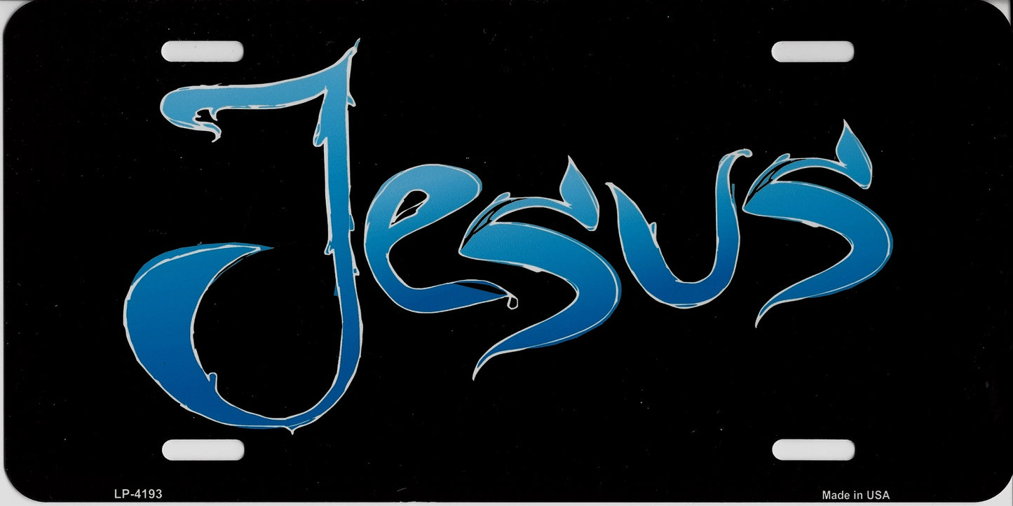 Jesus Blue On Black Metal License Plate