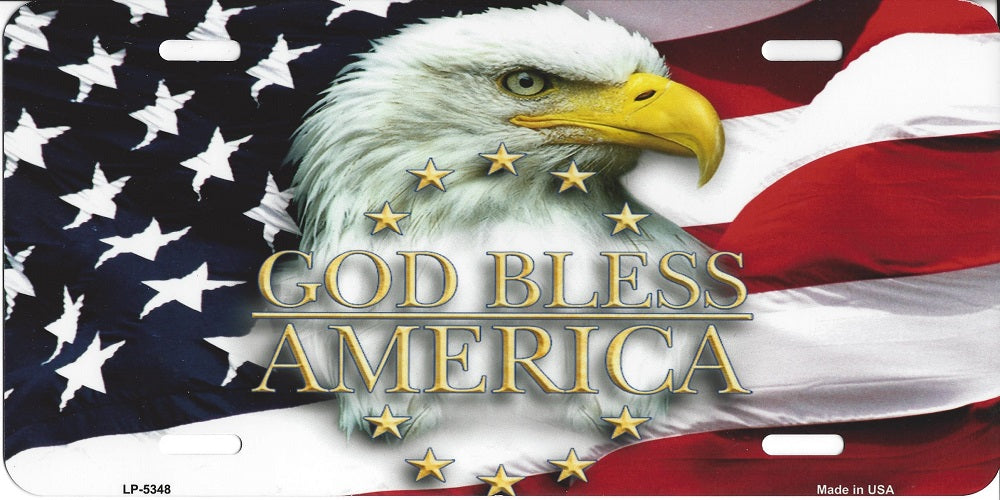 God Bless America Eagle With Flag Metal License Plate