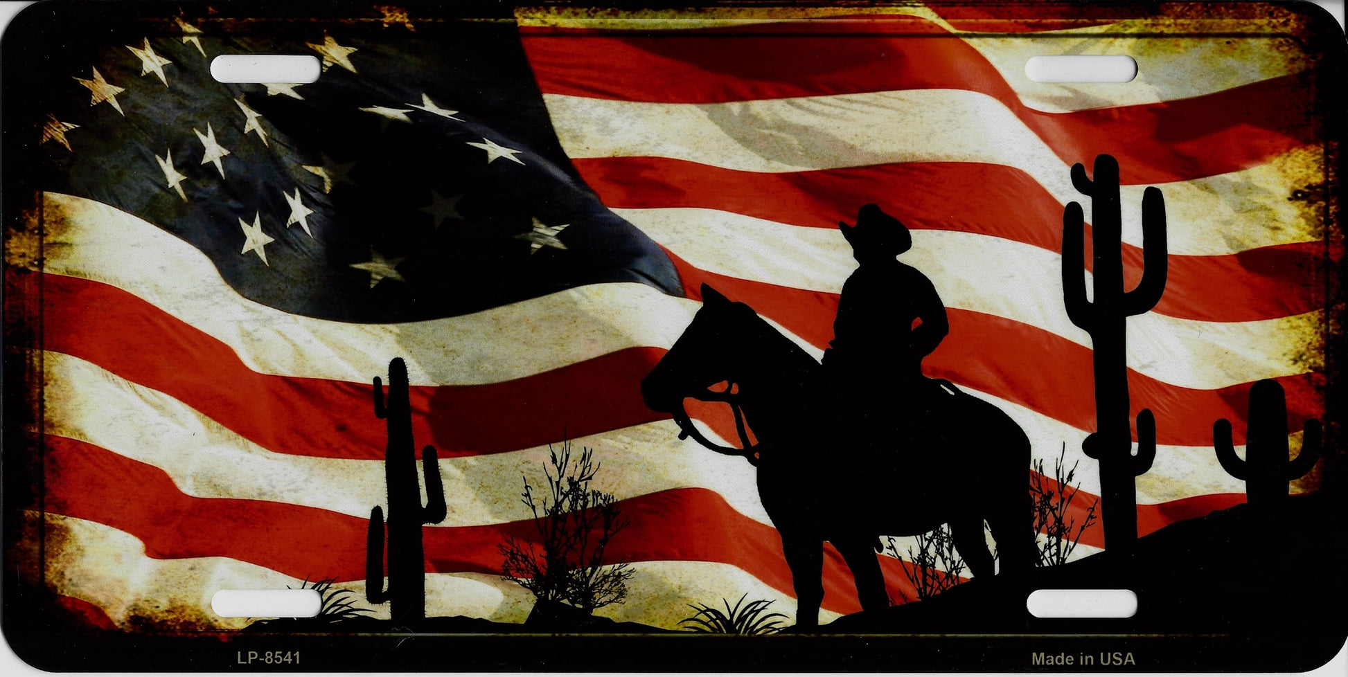 Cowboy On American Flag Metal License Plate