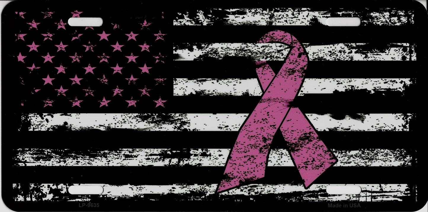 United States Flag With Pink Ribbon And Stars License Plate