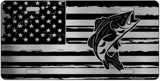 Patriotic Bass On U.S. Flag Metal License Plate