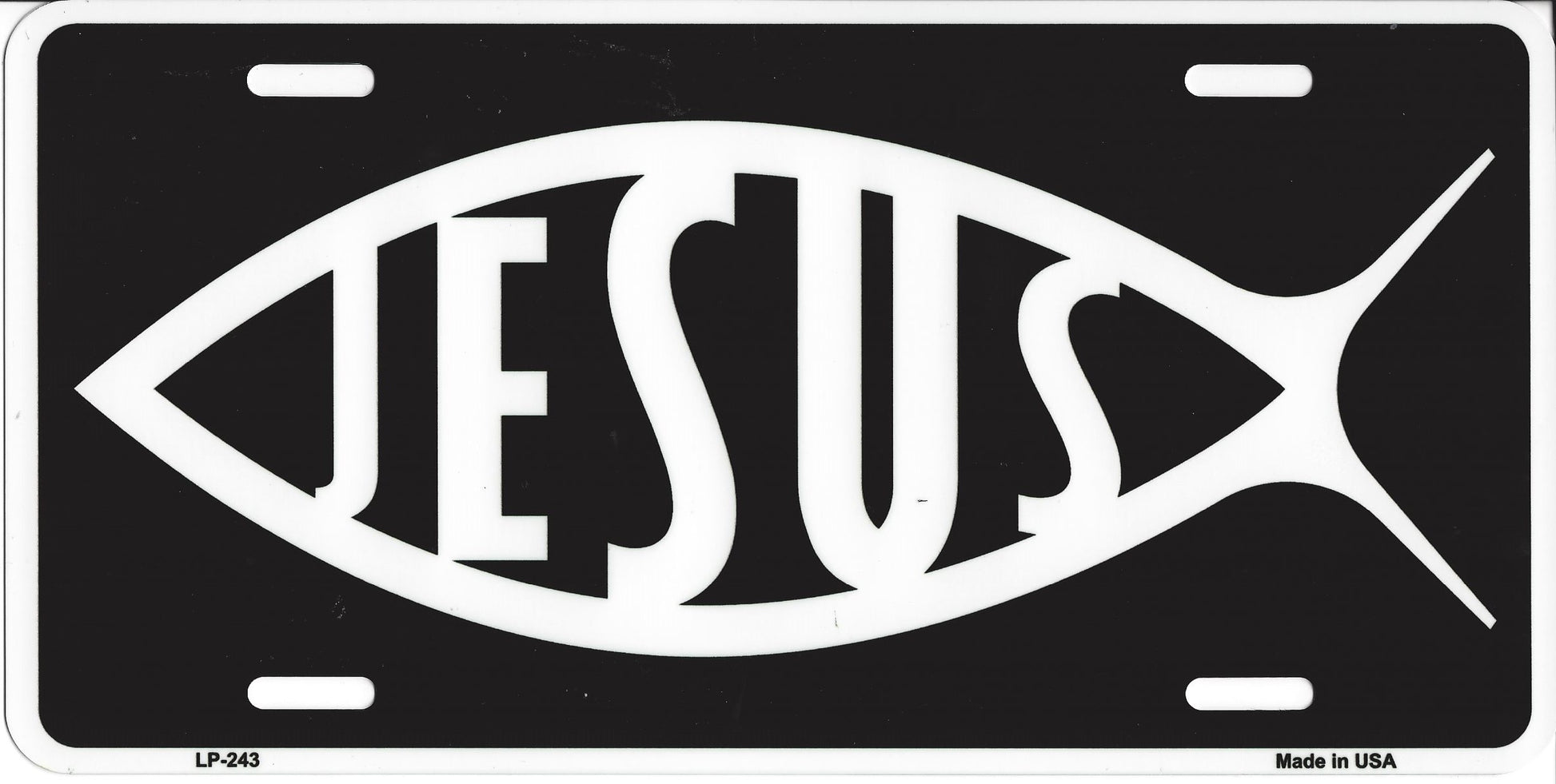 White Jesus Fish On Black License Plate