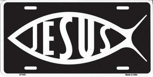 White Jesus Fish On Black License Plate