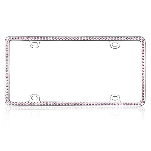 Single Row Pink Crystal Chrome License Plate Frame