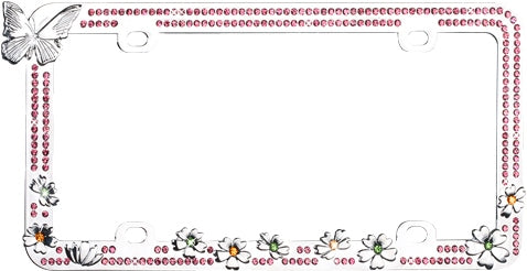 Butterfly And Colorful Flowers With Pink Crystals Chrome Frame