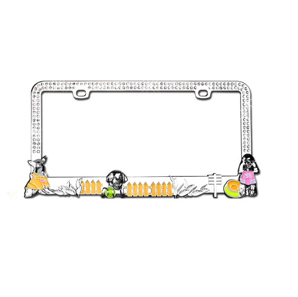 Dog Playground White Diamond Bling License Plate Frame