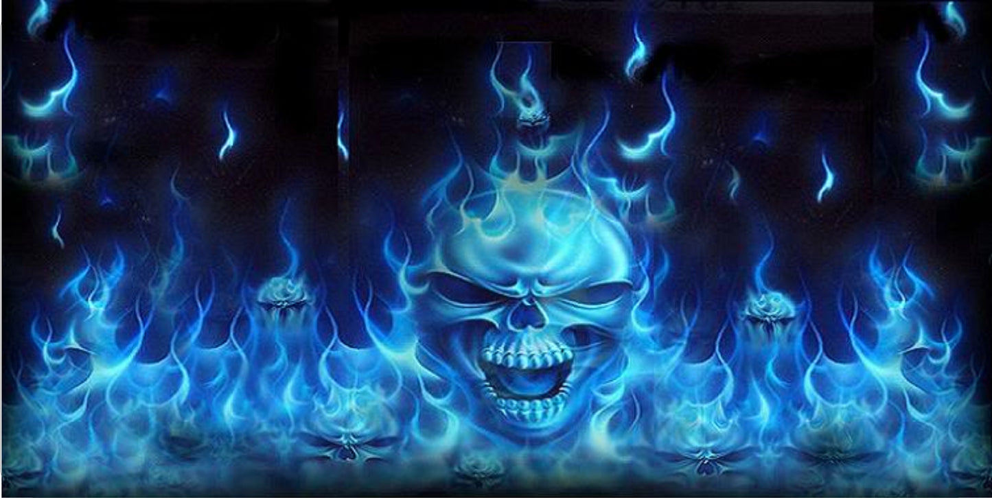 Blue Flaming Skulls Photo License Plate