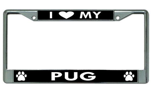 I Heart My Pug Dog Chrome License Plate Frame