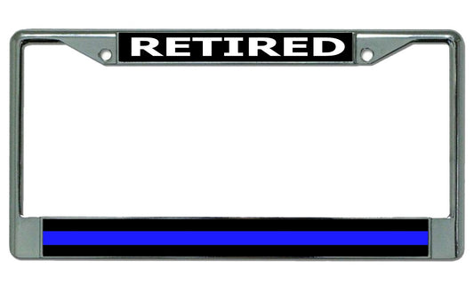 Retired Police Officer Thin Blue Line Chrome License Plate Frame