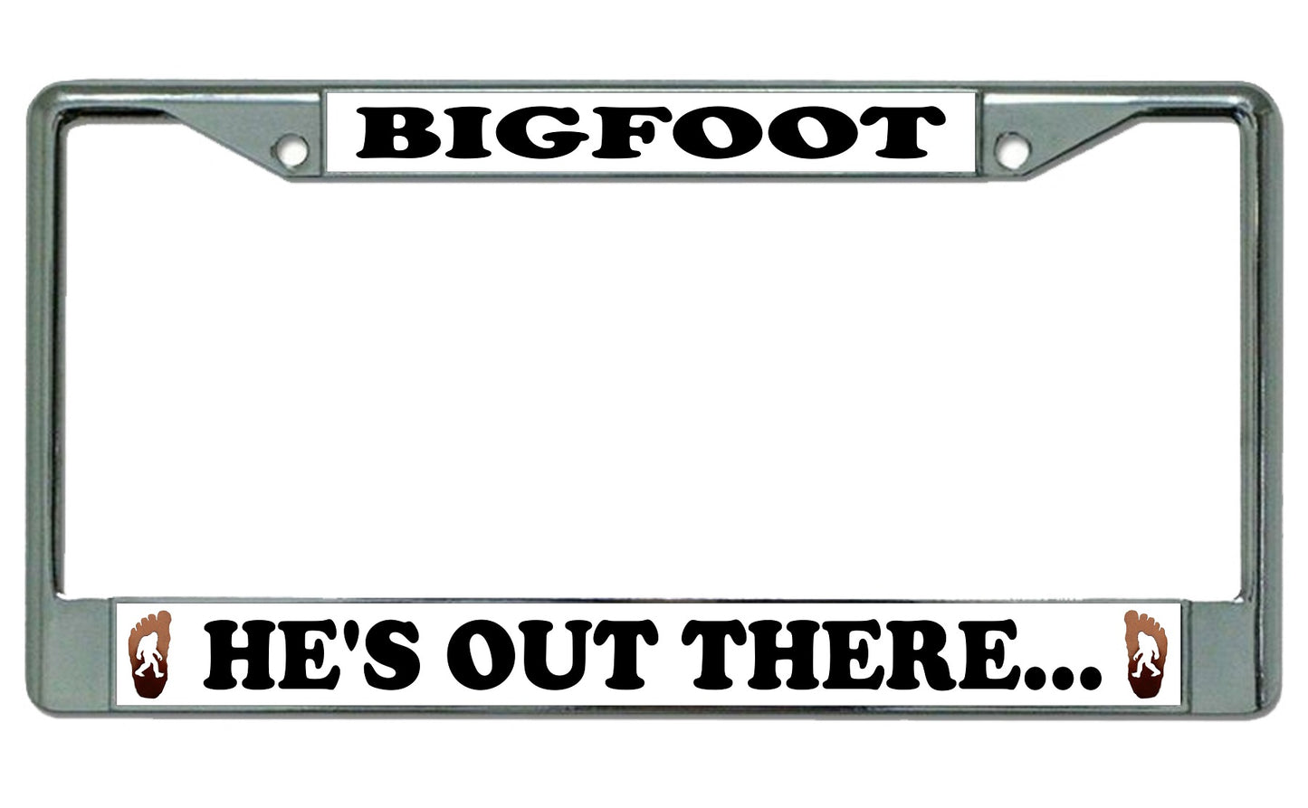 Bigfoot He's Out There Chrome License Plate Frame