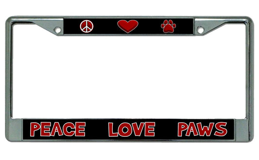 Peace Love Paws Chrome License Plate Frame