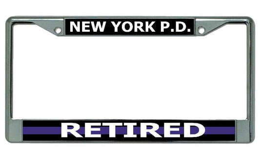 New York P.D. Thin Blue Line Retired Chrome License Plate Frame