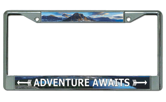 Adventure Awaits Chrome License Plate Frame