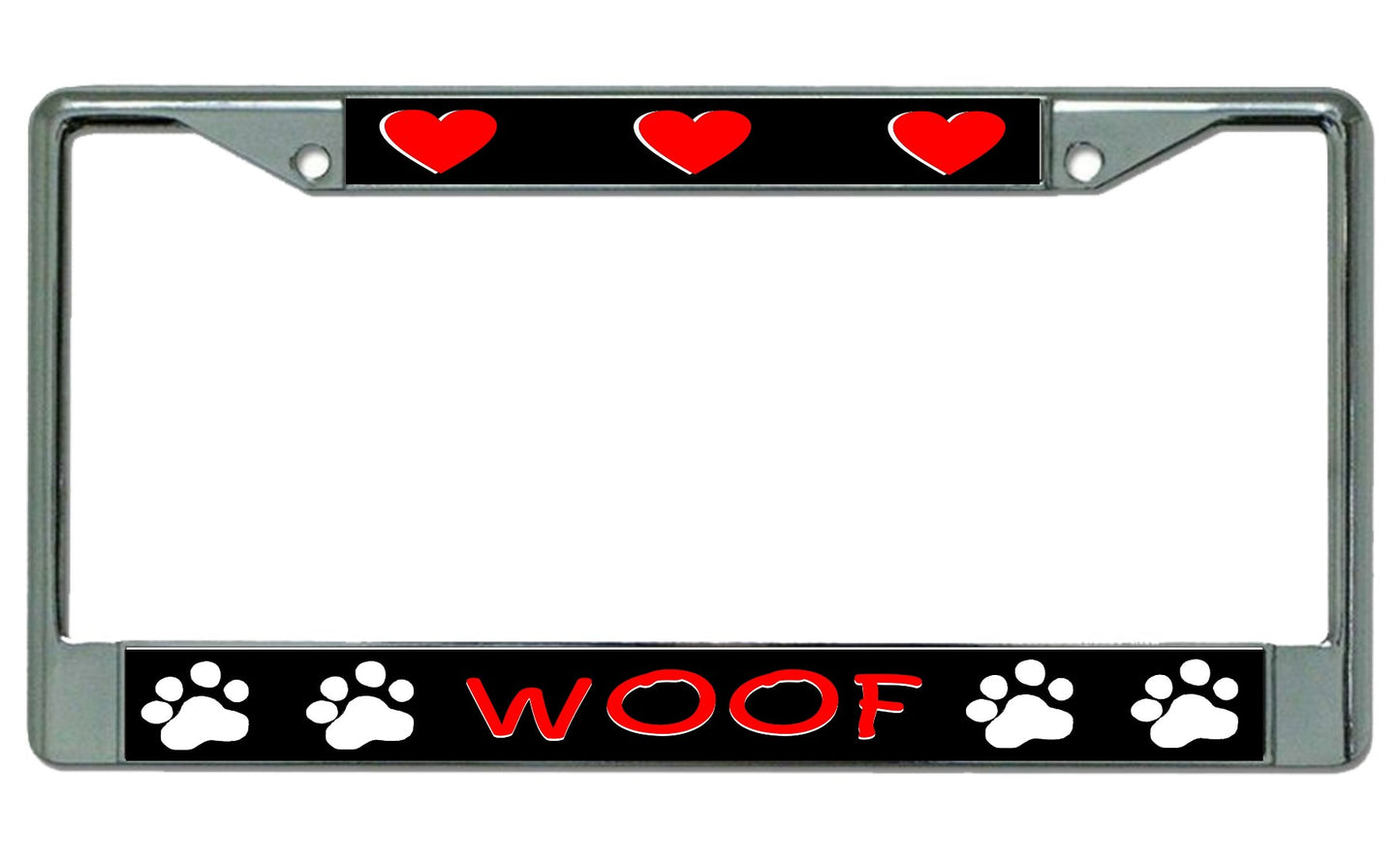 Woof Paw Prints And Hearts Chrome License Plate Frame