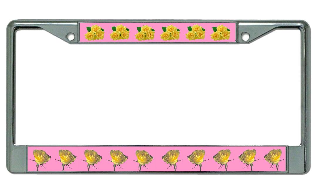 Yellow Roses On Pink Chrome License Plate Frame