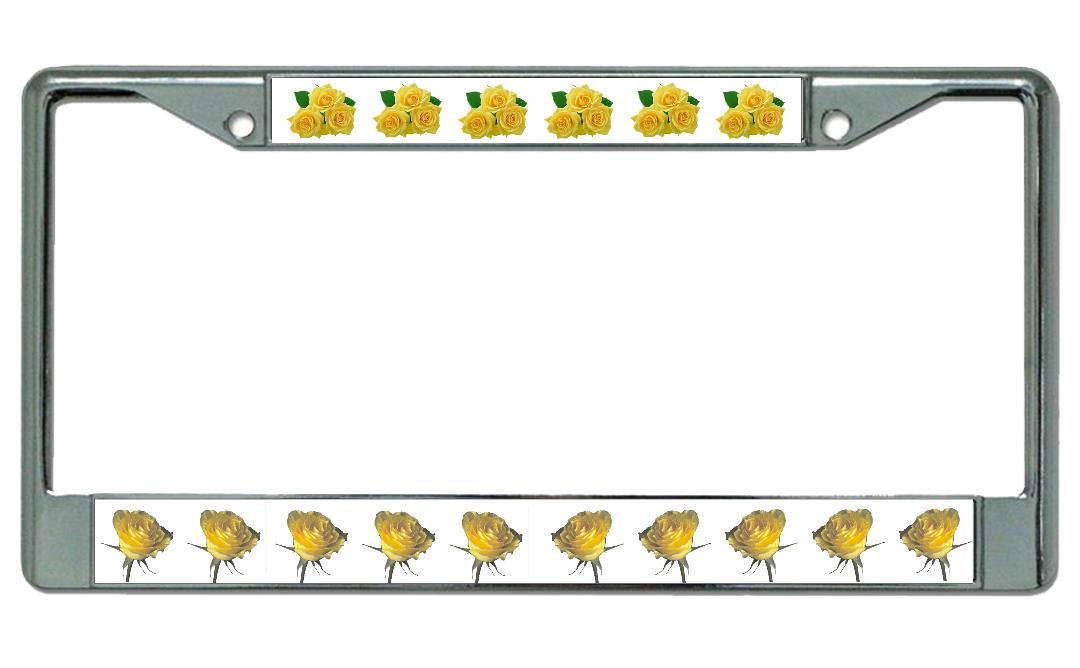 Yellow Roses On White Chrome License Plate Frame