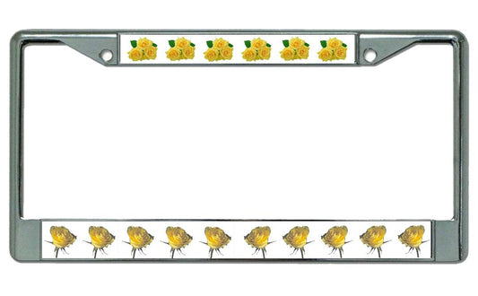 Yellow Roses On White Chrome License Plate Frame