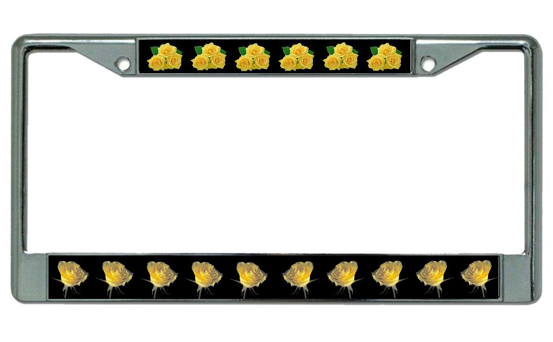 Yellow Roses On Black Chrome License Plate Frame