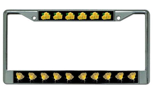 Yellow Roses On Black Chrome License Plate Frame