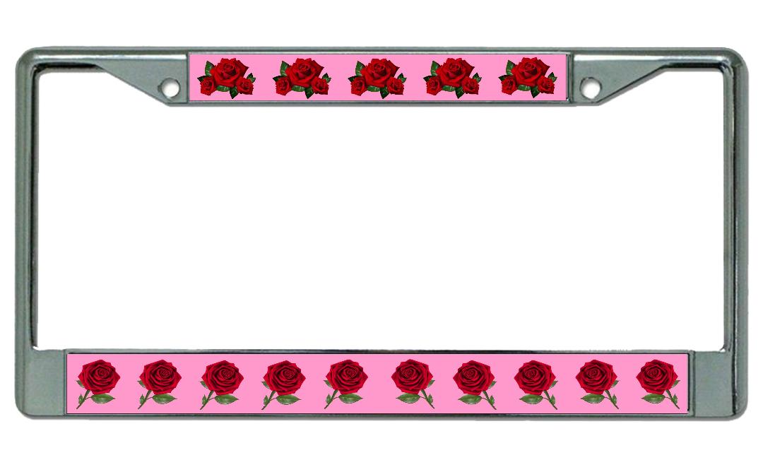 Red Roses On Pink Chrome License Plate Frame