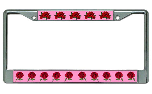 Red Roses On Pink Chrome License Plate Frame