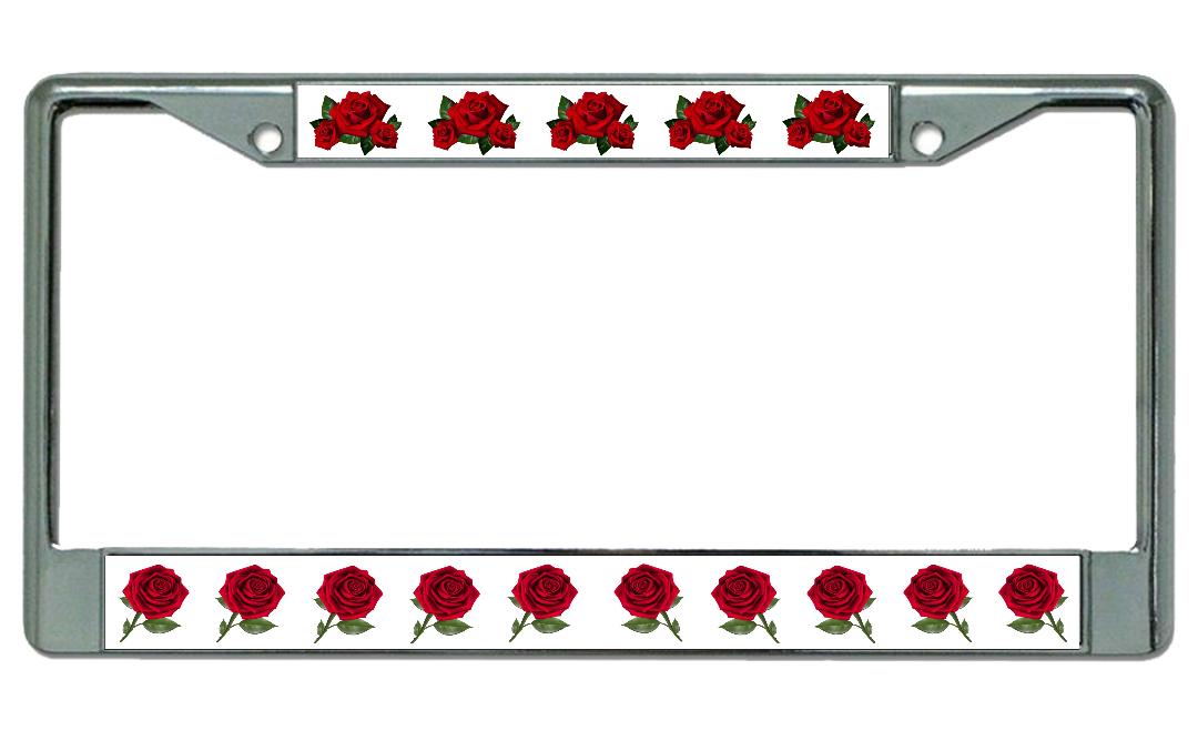 Red Roses On White Chrome License Plate Frame