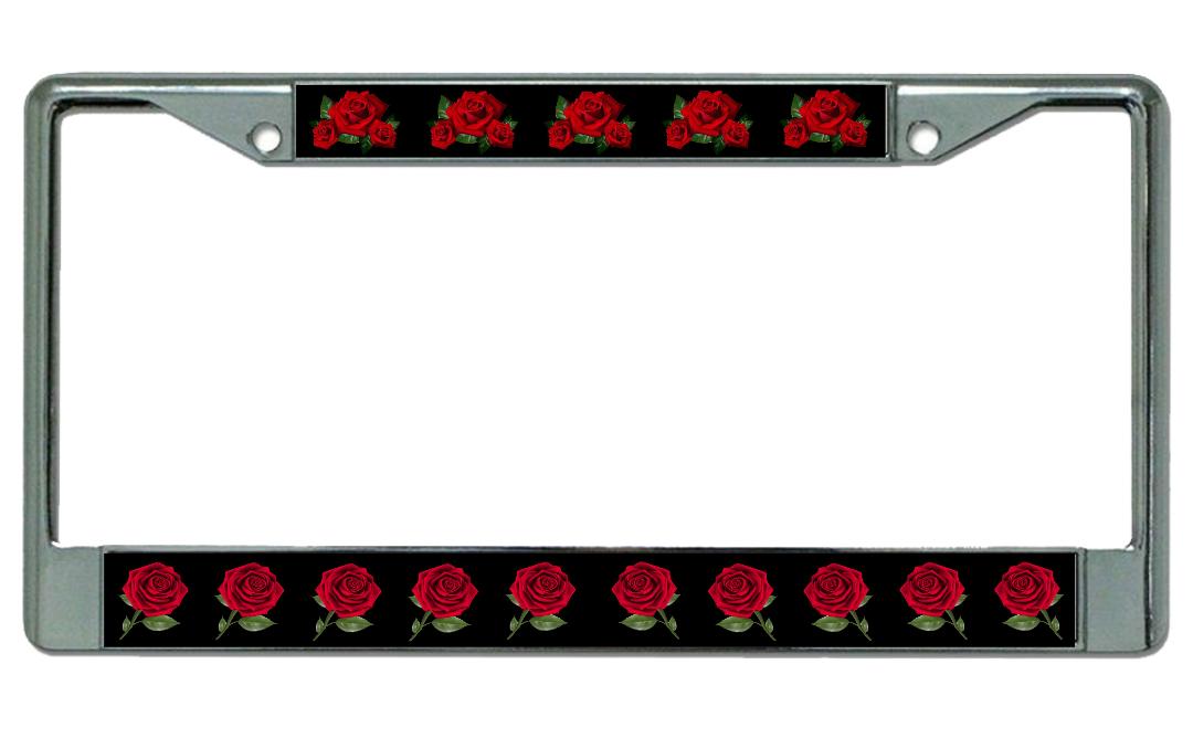 Red Roses On Black Chrome License Plate Frame