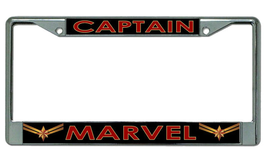 Captain Marvel On Black Chrome License Plate Frame