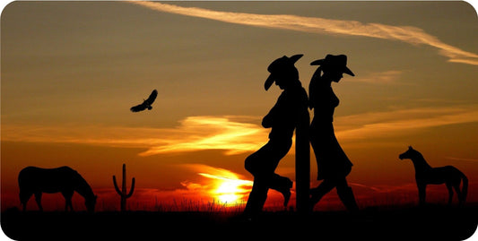 Couple On Western Ranch Sunset Photo License Plate