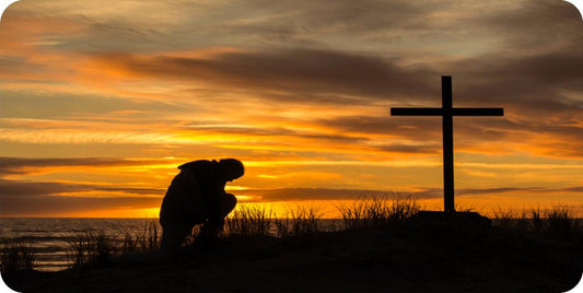 Man Kneeling At Cross Photo License Plate