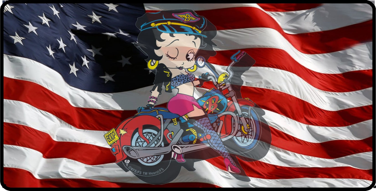 Biker Betty Transparent Logo On Flag Photo License Plate