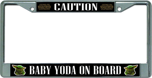 Caution Baby Yoda On Board Chrome License Plate Frame