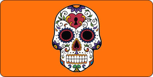 Sugar Skull Design On Orange Photo License Plate