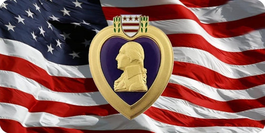 Purple Heart On Wavy American Flag Photo License Plate